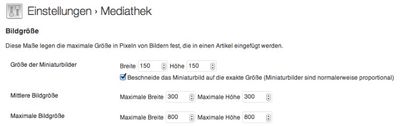 Screenshot der Mediathek Einstellungen – Bereich Bildgrösse